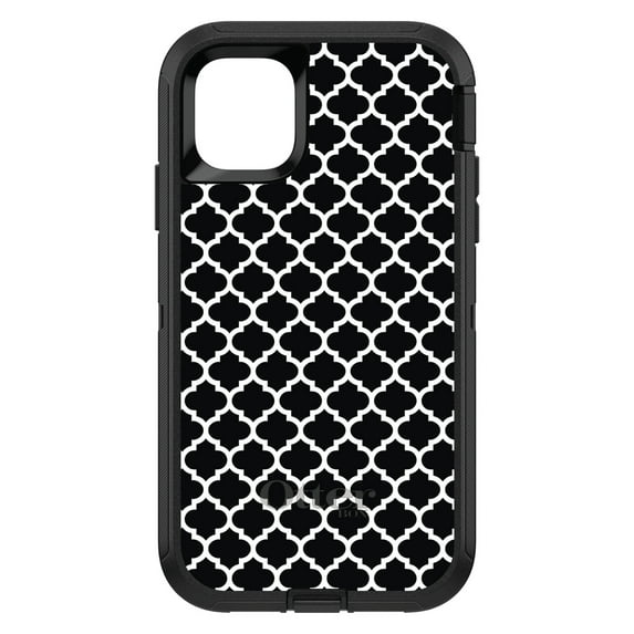DistinctInk OtterBox Defender Custom Case for Apple iPhone 15 Plus (6.7" Screen) - Black White Moroccan Lattice - Slim Profile Design