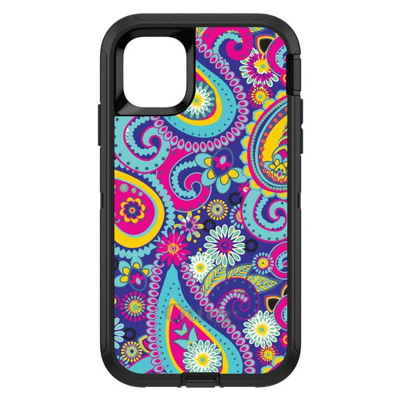 DistinctInk Case for iPhone 15 PLUS (6.7" Screen) - OtterBox Defender Custom Black Case - Hot Blue Yellow Pink Paisley
