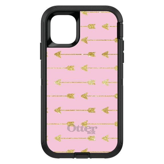 DistinctInk Case for iPhone 15 PLUS (6.7" Screen) - OtterBox Defender Custom Black Case - Pink & Gold Print - Arrows Pattern