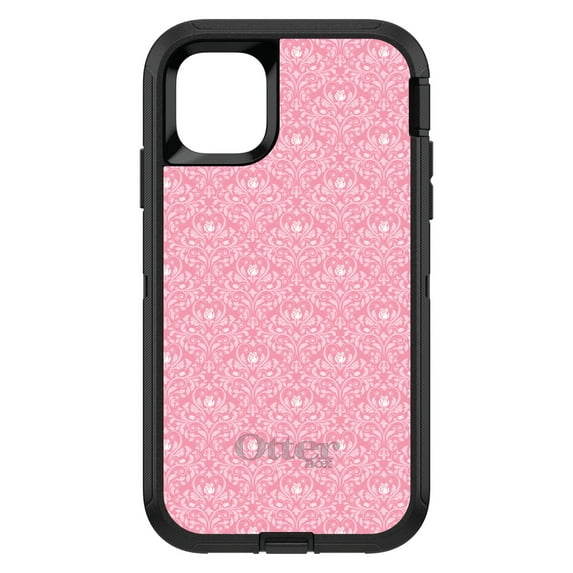 DistinctInk Case for iPhone 15 PLUS (6.7" Screen) - OtterBox Defender Custom Black Case - Pink & White Rose Pattern