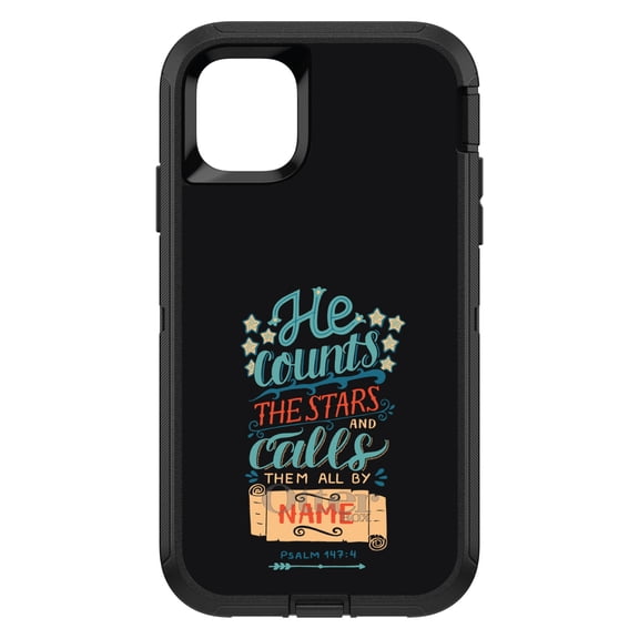 DistinctInk Case for iPhone 15 PLUS (6.7" Screen) - OtterBox Defender Custom Black Case - Psalm 147:4 - He Counts the Stars Calls Them By Name