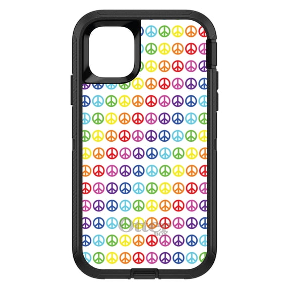 DistinctInk Case for iPhone 15 PLUS (6.7" Screen) - OtterBox Defender Custom Black Case - White Rainbow Peace Signs