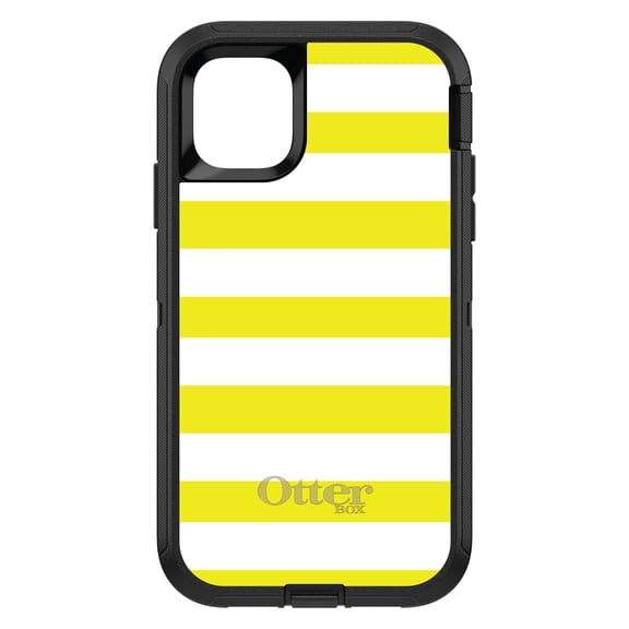 DistinctInk Case for iPhone 15 PLUS (6.7" Screen) - OtterBox Defender Custom Black Case - Yellow & White Bold Horizontal Stripes