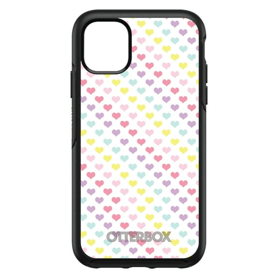 DistinctInk Case for iPhone 15 PLUS (6.7" Screen) - OtterBox Symmetry Custom Black Case - Rainbow Hearts Diagonal Pattern