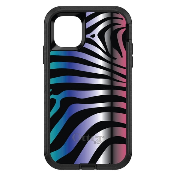 DistinctInk OtterBox Defender Custom Case for Apple iPhone 15 Pro (6.1" Screen) - Black Pink Teal Blue Zebra - Lightweight Grip