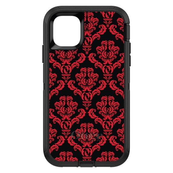 DistinctInk Case for iPhone 15 PRO (6.1" Screen) - OtterBox Defender Custom Black Case - Black Red Damask Pattern - Floral Damask Pattern