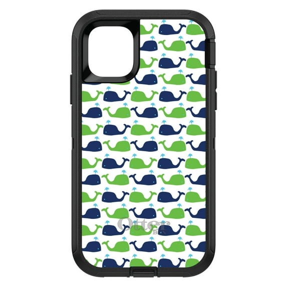 DistinctInk Case for iPhone 15 PRO (6.1" Screen) - OtterBox Defender Custom Black Case - Green Navy Cartoon Whales - Cartoon Whales