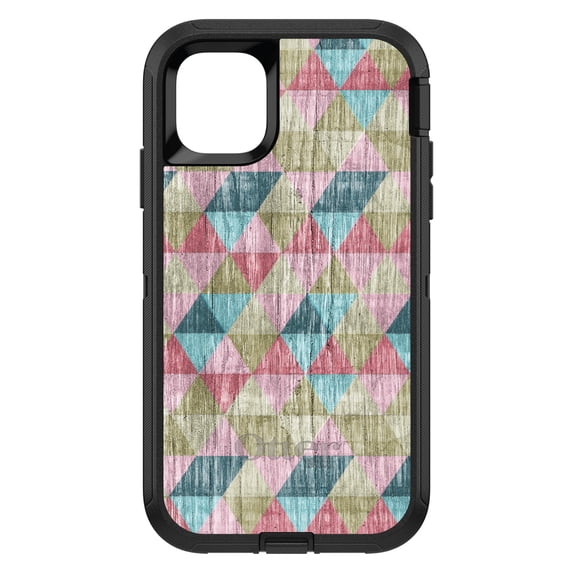 DistinctInk Case for iPhone 15 PRO (6.1" Screen) - OtterBox Defender Custom Black Case - Multi Color Rainbow Wood Print - Printed Wood Grain Image