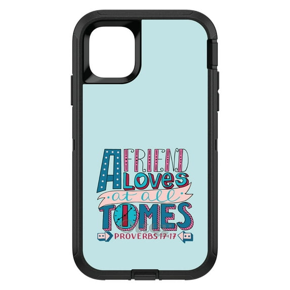 DistinctInk Case for iPhone 15 PRO (6.1" Screen) - OtterBox Defender Custom Black Case - Proverbs 17:17 - Clock - Friend Loves at All Times