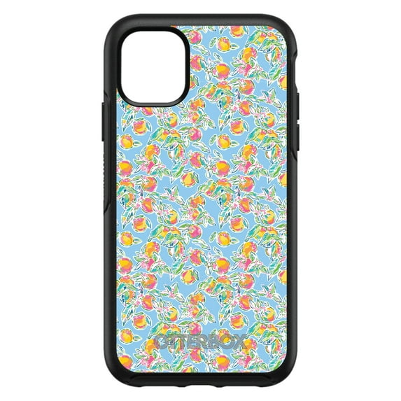 DistinctInk OtterBox Symmetry Custom Case for Apple iPhone 15 Pro (6.1" Screen) - Orange & Blue Flowers Floral - Tempered Glass Back