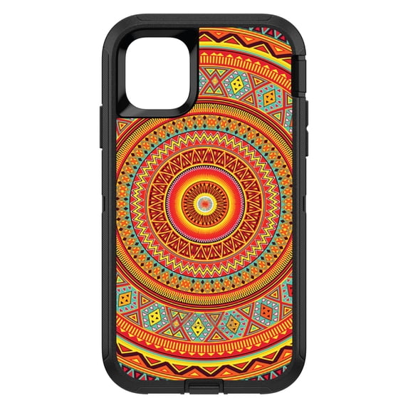 DistinctInk OtterBox Defender Custom Case for Apple iPhone 15 Pro Max (6.7" Screen) - Orange Teal Yellow Tribal Print - Raised Bezel Screen Guard