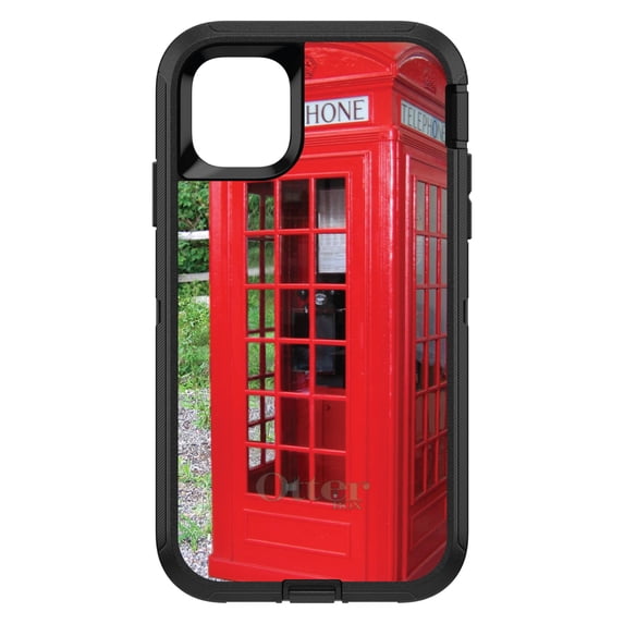 DistinctInk OtterBox Defender Custom Case for Apple iPhone 15 Pro Max (6.7" Screen) - Red London Phone Booth - Tempered Glass Back