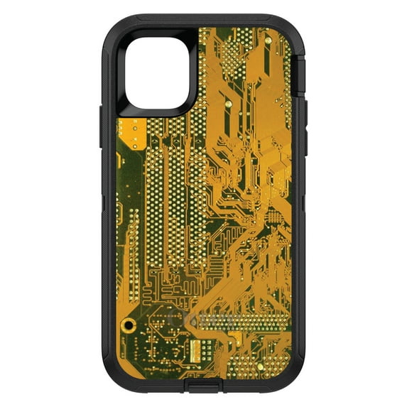 DistinctInk Case for iPhone 15 Pro MAX (6.7" Screen) - OtterBox Defender Custom Black Case - Yellow Circuit Board Image - Printed Circuit Board Image