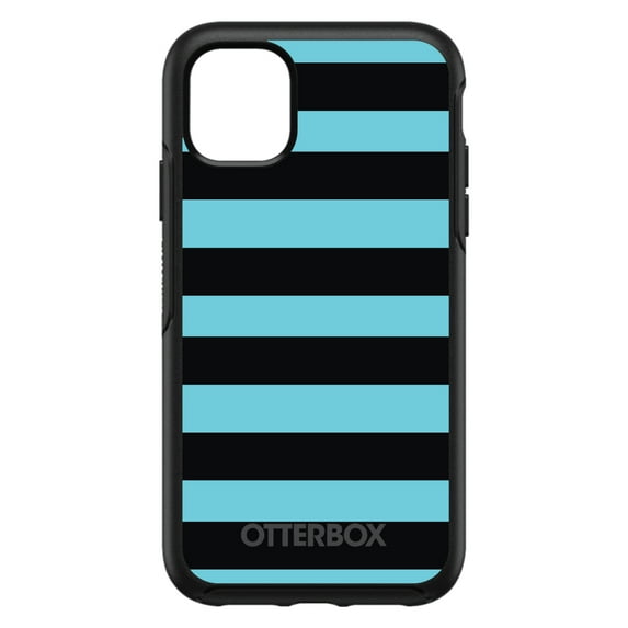 DistinctInk Case for iPhone 15 Pro MAX (6.7" Screen) - OtterBox Symmetry Custom Black Case - Black & Cyan Bold Horizontal Stripes