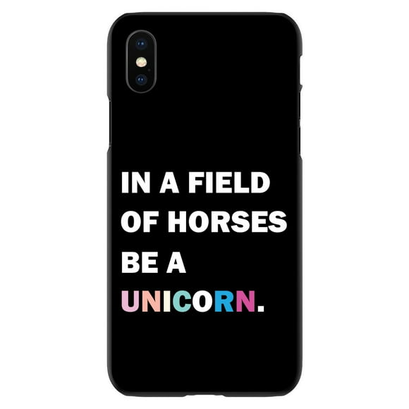 DistinctInk Case for iPhone XR (6.1" Screen) - Custom Ultra Slim Thin Hard Black Plastic Cover - In a Field of Horses, Be a Unicorn - Rainbow