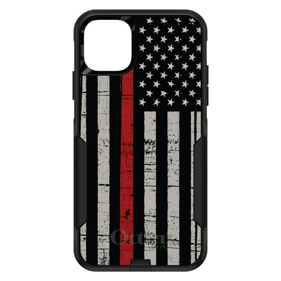DistinctInk Case for iPhone 13 MINI (5.4" Screen) - OtterBox Commuter Custom Black Case - Weathered Thin Red Line US Flag - Show Your Support for First Responders