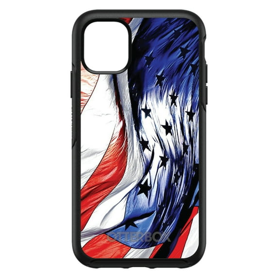 DistinctInk Case for iPhone 13 Pro MAX (6.7" Screen) - OtterBox Symmetry Custom Black Case - Red White Blue United States Flag Waving - Show Your Love of the United States of America