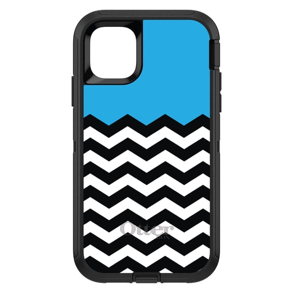 DistinctInk OtterBox Defender Custom Case for Apple iPhone 15 Pro Max (6.7" Screen) - Black & White Chevron Stripes Pattern - Tempered Glass Back