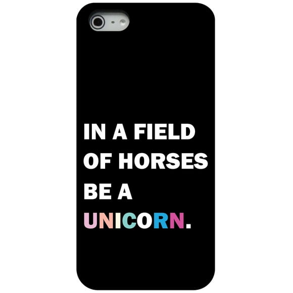 DistinctInk Case for iPhone 5 / 5S / SE (2016 Model) (4.3" Screen) - Custom Ultra Slim Thin Hard Black Plastic Cover - In a Field of Horses, Be a Unicorn - Rainbow