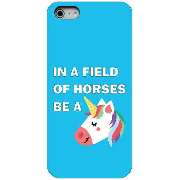 DistinctInk Case for iPhone 5 / 5S / SE (2016 Model) (4.3" Screen) - Custom Ultra Slim Thin Hard Black Plastic Cover - In a Field of Horses, Be a Unicorn - Blue