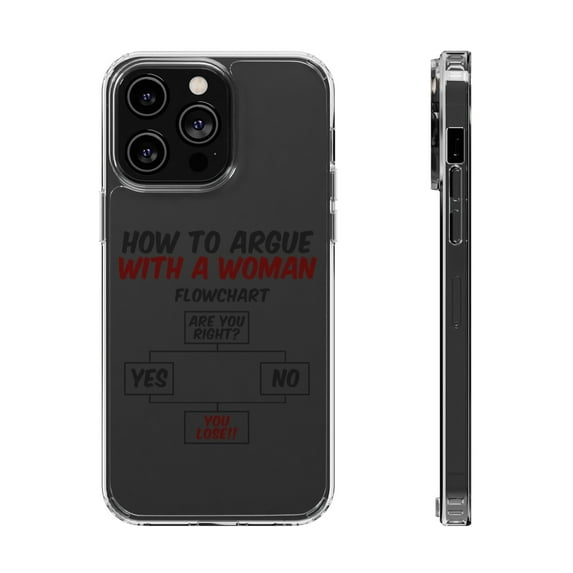 DistinctInk Clear Hybrid Case for Apple iPhone 13 Pro (6.1" Screen) - How To Argue With a Woman Flowchart - Tempered Glass Back