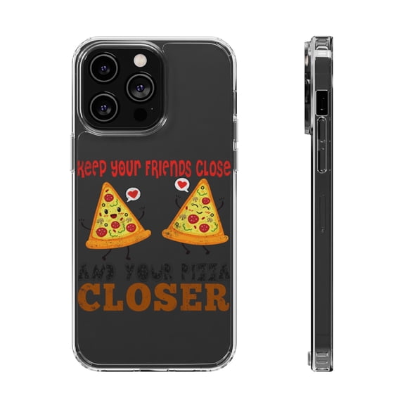 DistinctInk Clear Hybrid Case for Apple iPhone 13 Pro (6.1" Screen) - Keep Friends Close Pizza Closer - Wireless Charging Compatible