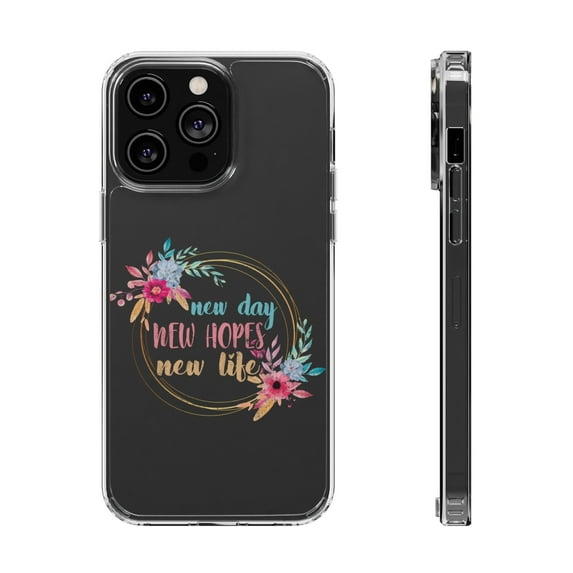 DistinctInk Clear Hybrid Case for Apple iPhone 13 Pro (6.1" Screen) - New Day New Hopes New Life - Shockproof Protection
