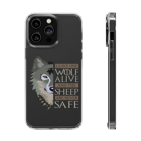 DistinctInk Clear Hybrid Case for Apple iPhone 13 Pro (6.1" Screen) - One Wolf Alive, Sheep Never Safe - Tempered Glass Back
