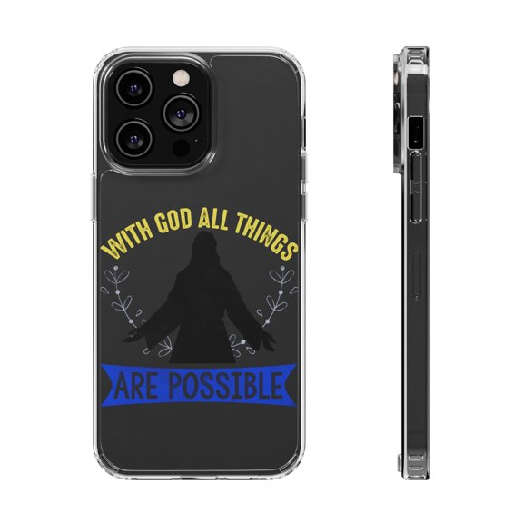 DistinctInk Clear Hybrid Case for Apple iPhone 13 Pro (6.1" Screen) - With God All Things Possible - Slim Profile Design