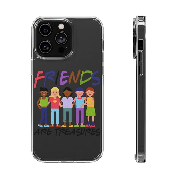 DistinctInk Clear Hybrid Case for Apple iPhone 13 Pro Max (6.7" Screen) - Friends Are Treasures - Tempered Glass Back