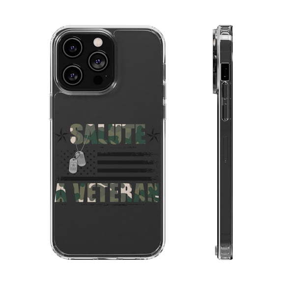 DistinctInk Clear Hybrid Case for Apple iPhone 13 Pro Max (6.7" Screen) - Salute A Veteran - Tempered Glass Back