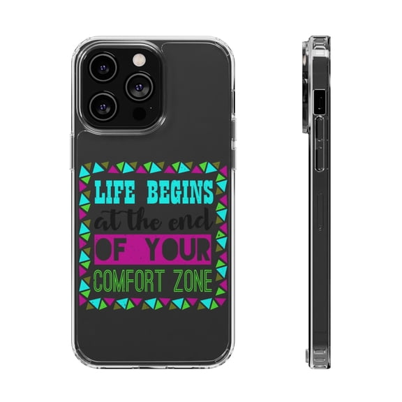 DistinctInk Clear Hybrid Case for Apple iPhone 14 Pro (6.1" Screen) - Life Begins At End Of Comfort Zone - Slim Profile Design