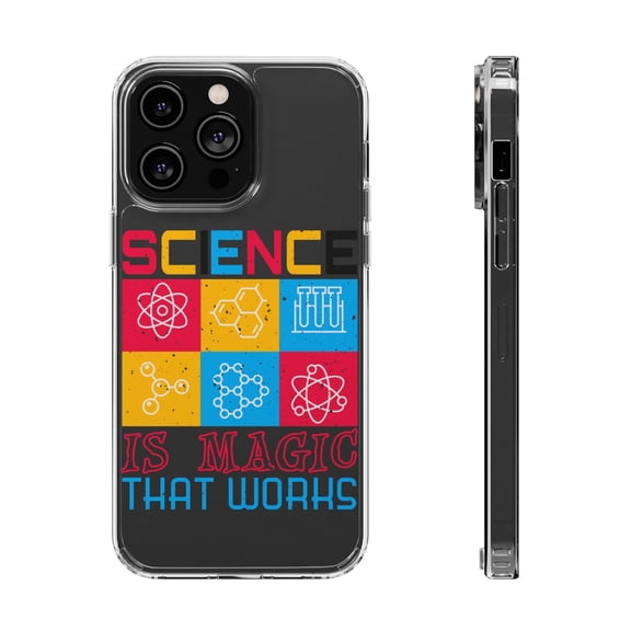 DistinctInk Clear Hybrid Case for Apple iPhone 14 Pro (6.1" Screen) - Science Magic That Works - Wireless Charging Compatible