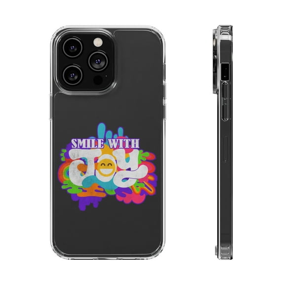 DistinctInk Clear Hybrid Case for Apple iPhone 14 Pro (6.1" Screen) - Smile With Joy - Tempered Glass Back