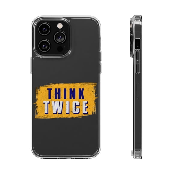 DistinctInk Clear Hybrid Case for Apple iPhone 14 Pro (6.1" Screen) - Think Twice - Tempered Glass Back