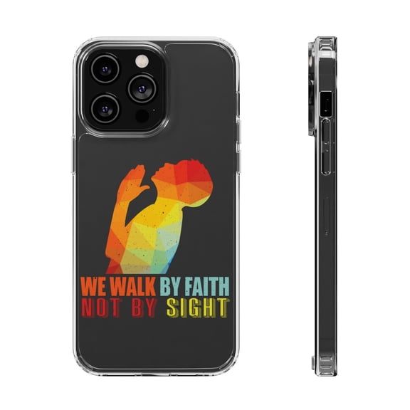 DistinctInk Clear Case for Apple iPhone 14 PRO (6.1" Screen) - Walk By Faith Not Sight
