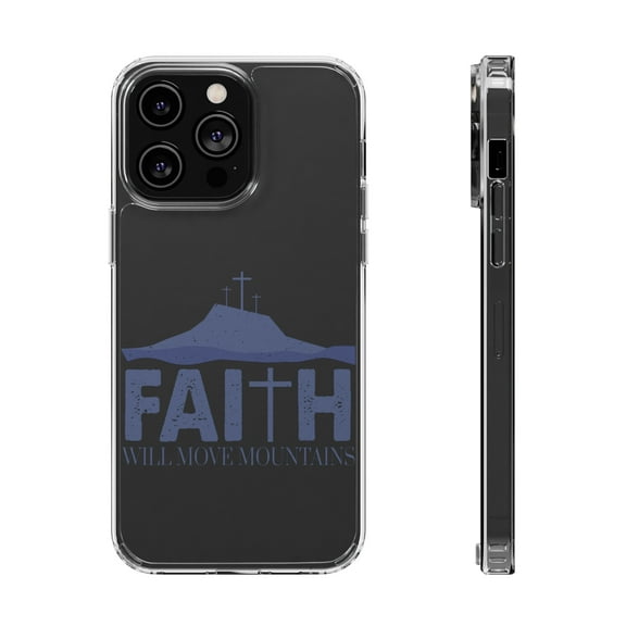 DistinctInk Clear Hybrid Case for Apple iPhone 14 Pro Max (6.7" Screen) - Faith Move Mountains - Tempered Glass Back
