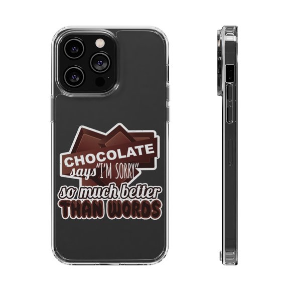 DistinctInk Clear Case for Apple iPhone 15 (6.1" Screen) - Chocolate Says Sorry Better Than Words
