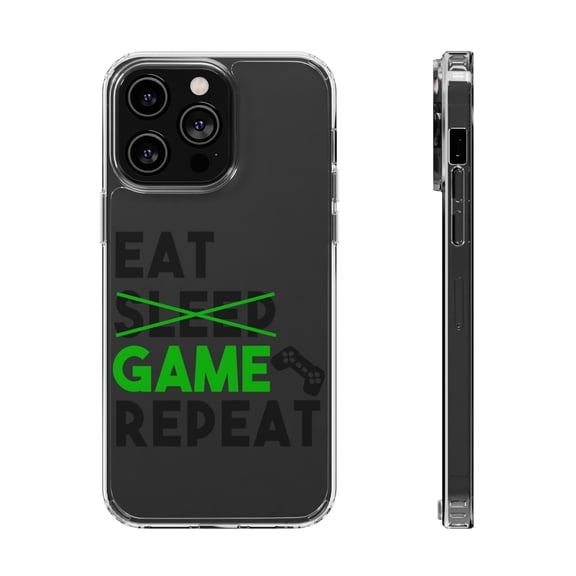 DistinctInk Clear Case for Apple iPhone 15 (6.1" Screen) - Eat Game Repeat - Video Games Gamer