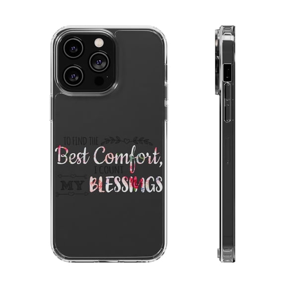 DistinctInk Clear Hybrid Case for Apple iPhone 15 (6.1" Screen) - Find Best Comfort Count Blessings - Tempered Glass Back