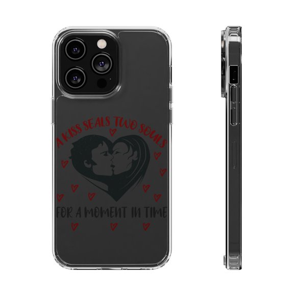 DistinctInk Clear Hybrid Case for Apple iPhone 15 (6.1" Screen) - Kiss Seals Two Souls Moment In Time - Wireless Charging Compatible