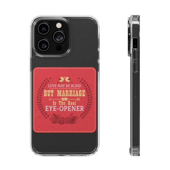 DistinctInk Clear Hybrid Case for Apple iPhone 15 (6.1" Screen) - Love Blind Marriage Eye-Opener - Lightweight Grip
