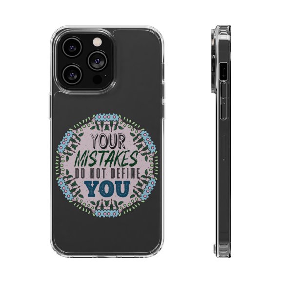 DistinctInk Clear Hybrid Case for Apple iPhone 15 (6.1" Screen) - Mistakes Do Not Define You - Wireless Charging Compatible