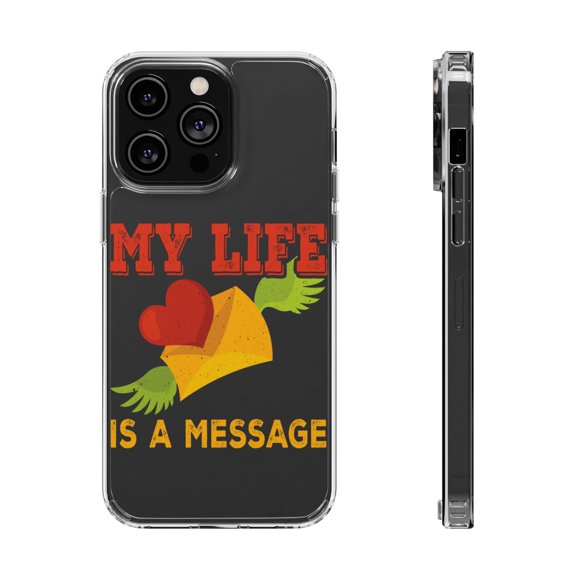 DistinctInk Clear Hybrid Case for Apple iPhone 15 (6.1" Screen) - My Life Is A Message - Tempered Glass Back