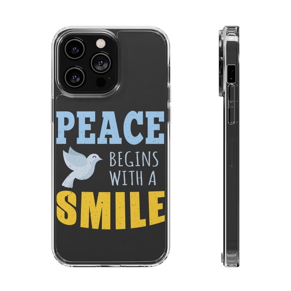 DistinctInk Clear Hybrid Case for Apple iPhone 15 (6.1" Screen) - Peace Begins With A Smile - Slim Profile Design