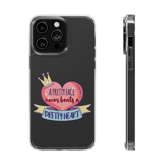 DistinctInk Clear Hybrid Case for Apple iPhone 15 (6.1" Screen) - Pretty Face Never Beats Pretty Heart - Shockproof Protection