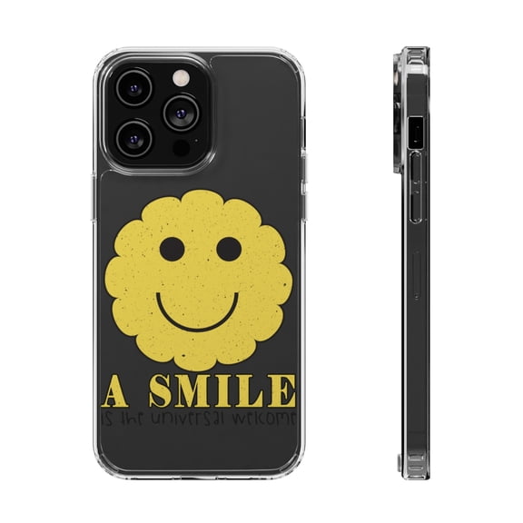 DistinctInk Clear Hybrid Case for Apple iPhone 15 (6.1" Screen) - Smile Universal Welcome - Tempered Glass Back