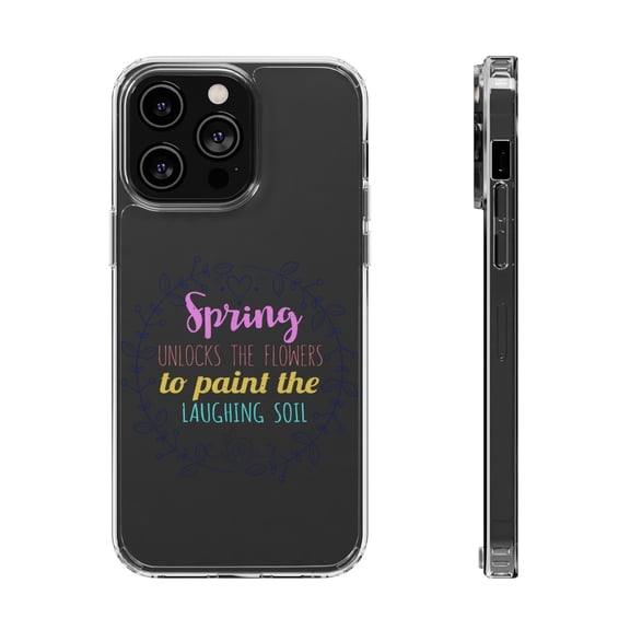 DistinctInk Clear Hybrid Case for Apple iPhone 15 (6.1" Screen) - Spring Unlocks Flowers To Paint Laughing Soil - Tempered Glass Back