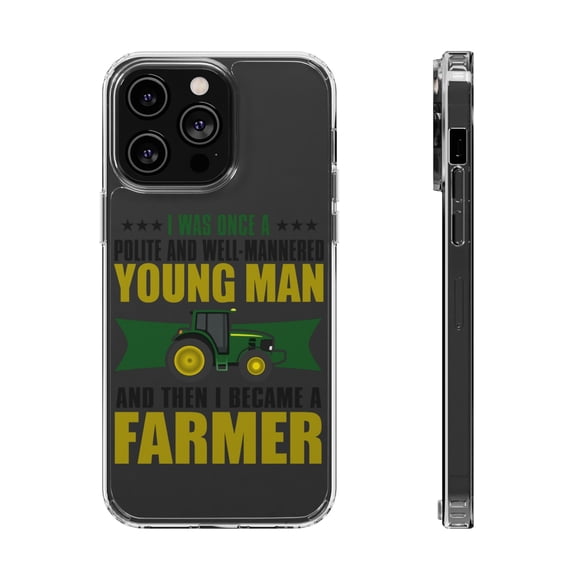 DistinctInk Clear Hybrid Case for Apple iPhone 15 (6.1" Screen) - Was Well Mannered Young Man Then Farmer - Wireless Charging Compatible