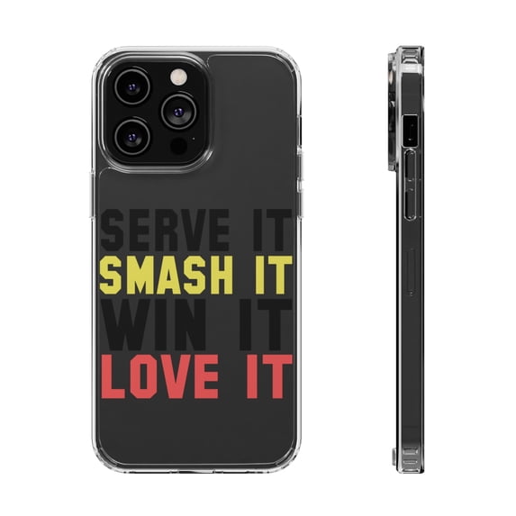 DistinctInk Clear Case for Apple iPhone 15 PLUS (6.7" Screen) - Serve It Smash It Win It Love It Tennis